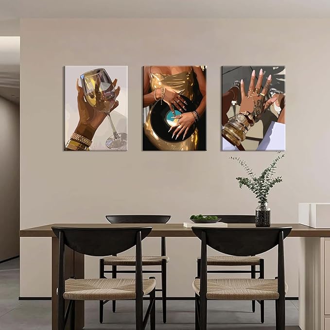 Black Girl wall Art Set of 3, African American Woman Wall Decor Fashion Gold - Image 3