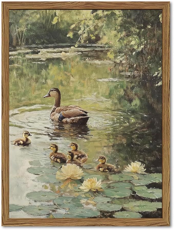Framed Vintage Duck Canvas Wall Art, Rustic Farmhouse Animal Family Pictures by Unknown