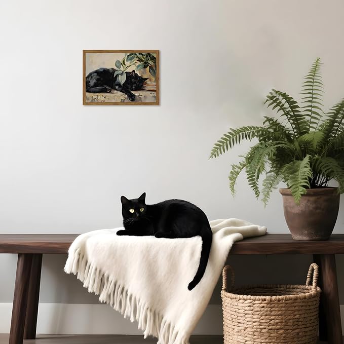 Framed Black Cat Canvas Wall Art, Vintage Sleeping Cat - Image 2