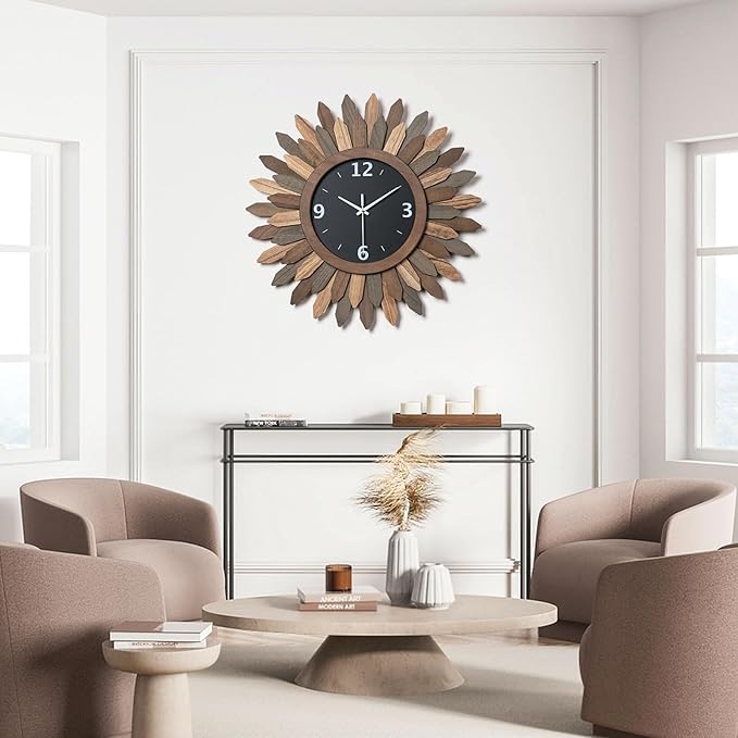 Honiway Large Wall Clock Battery Operated 21 in Rustic Wood Boho Sunburst - Image 4