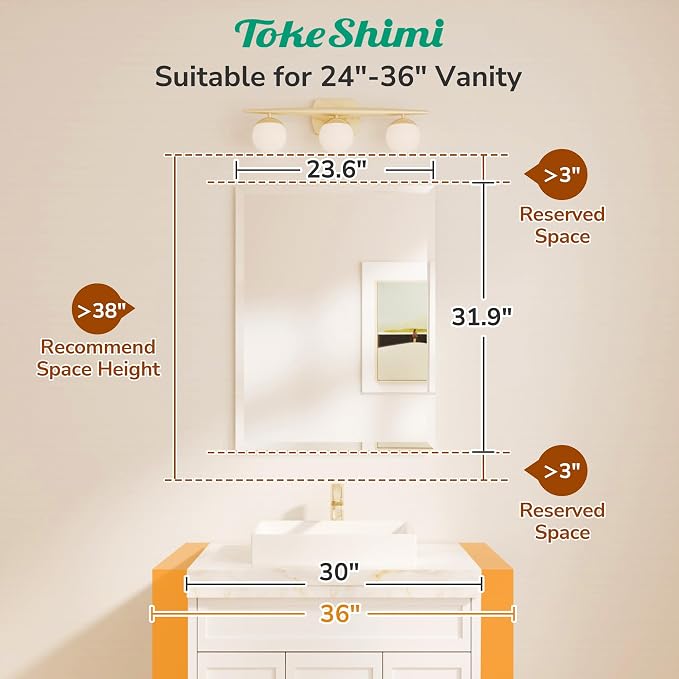 TokeShimi 24x32 Beveled Bathroom Mirror Frameless, Tempered Rectangle Bathroom - Image 2