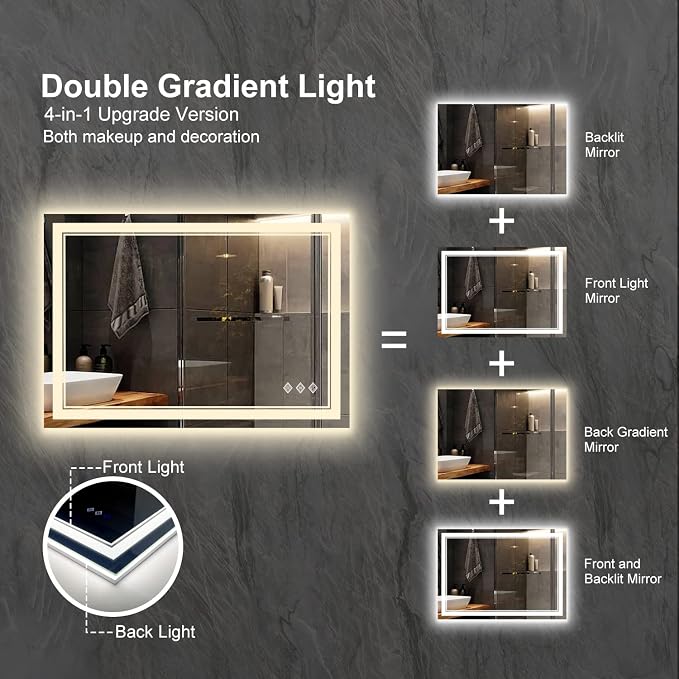 Lighted Bathroom Mirror, 40x30 Inch Gradient Front and Backlit LED Bathroom - Image 4