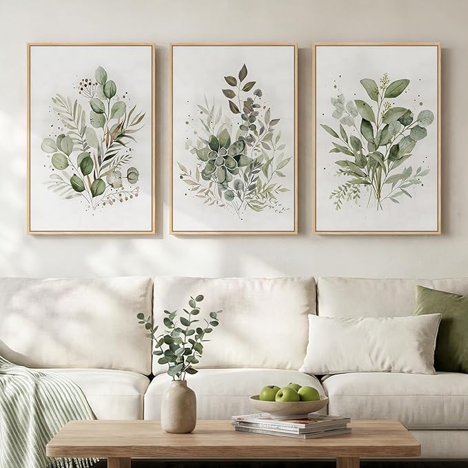 Framed Botanical Wall Art for Living Room, 3 Piece Neutral Sage Green by Cuspin