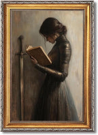 Retro Gold Framed Victorian Woman Knight Reading Book Wall Art Medieval Warrior - Image 8