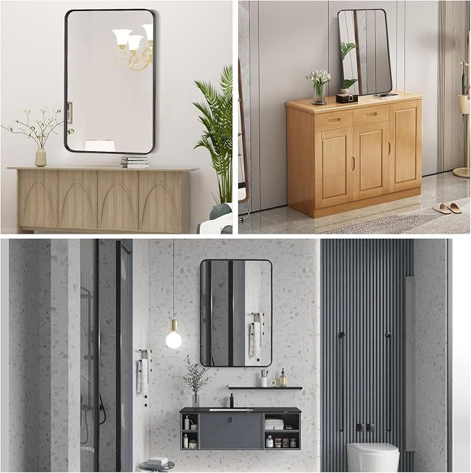 Wall Mount Mirror for Bathroom, Brushed Black Metal Framed Rounded Corner - Image 3