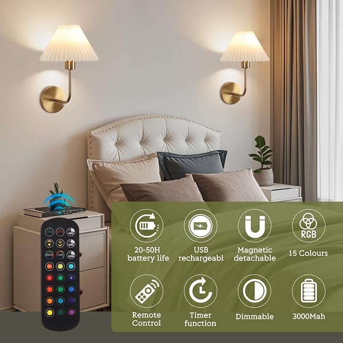 Wireless Wall Sconce Sets of 2, Pleated Shades Rechargeable Battery Operated - Image 3