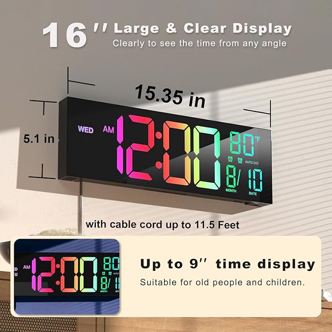 JALL 16.02'' Large Digital Wall Clock, Big LED Number Dispaly, RGB Colors - Image 2