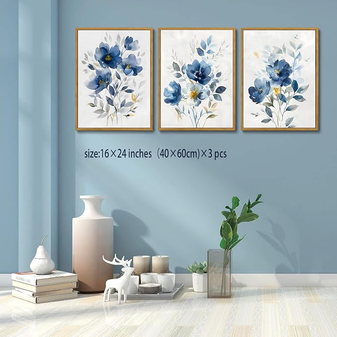 KISSFOX Framed Colorful Wildflower Blue Canvas Wall Art Set Of 3 Flowers - Image 2