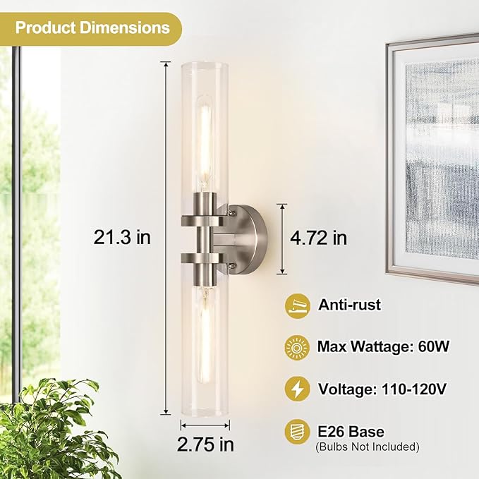 Wall Sconces Set of Two, Hardwired Brushed Nickel Bathroom Sconces Wall Lighting - Image 4