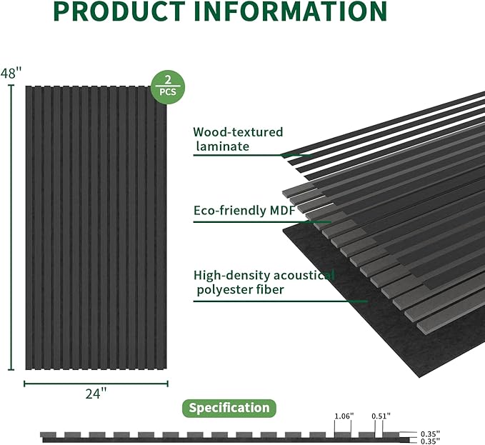Wood Slat Acoustic Panels, 2 Pack 48" x 24" Wood Wall Panels, Soundproof Wood - Image 3