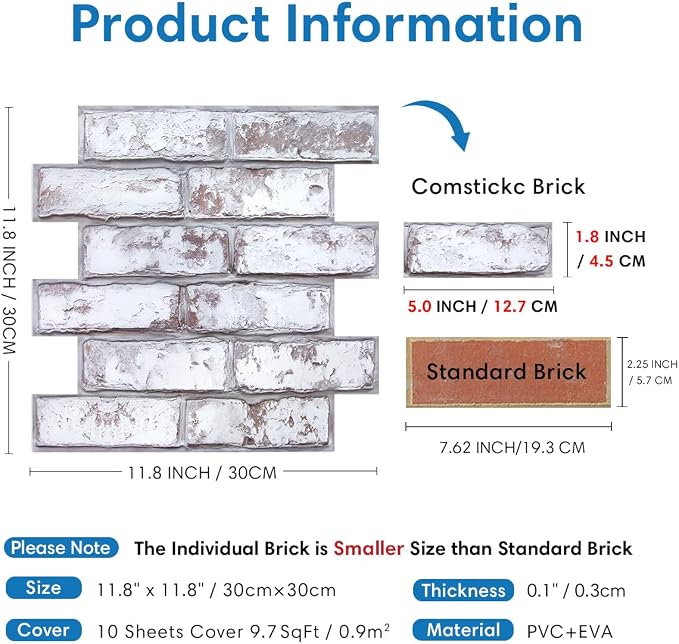 COMSTICKC 3D Faux Brick Peel and Stick Wall Covering, Small Size Thin PVC Self - Image 4