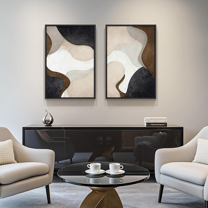 Framed Neutral Abstract Minimalist Wall Art, 2 Piece Large Modern Canvas Prints - Image 2