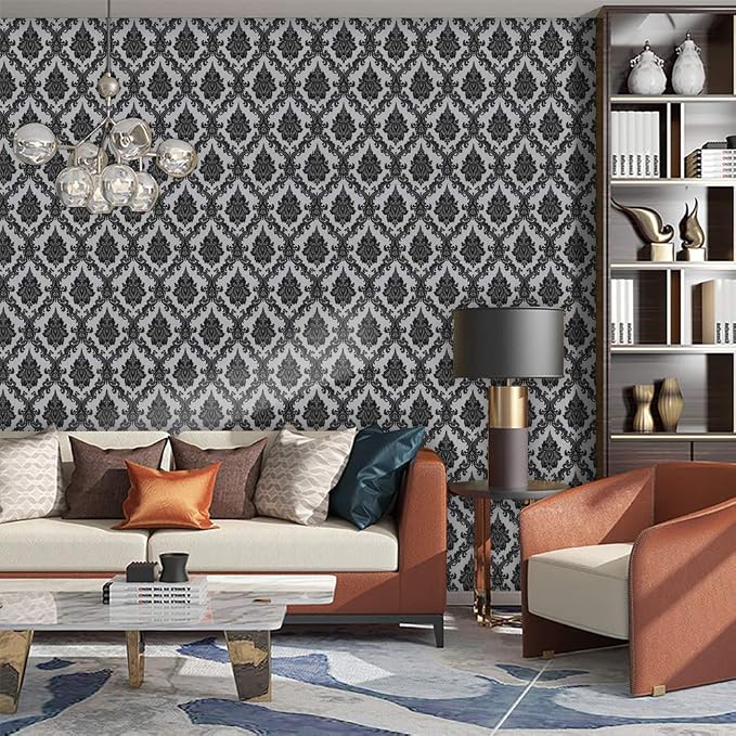 17.7" x 197" Peel and Stick Wallpaper Black Vintage Wallpaper Damask Contact - Image 7
