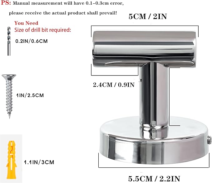 Towel Hooks for Bathroom 2 Packs Screw- in Chrome Finish Wall Mount Towel - Image 3