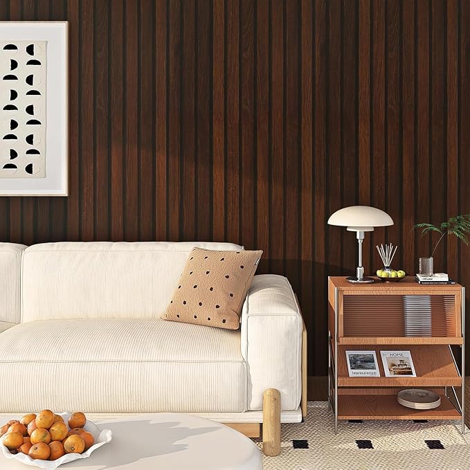 FunStick 16"x472" Brown Wood Slats Peel and Stick Wallpaper Waterproof Dark - Image 2