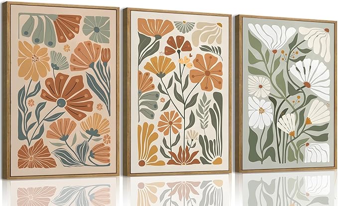 KISSFOX Framed Canvas Wall Art Abstract Floral Botanical Print Set of 3 Green by KISSFOX