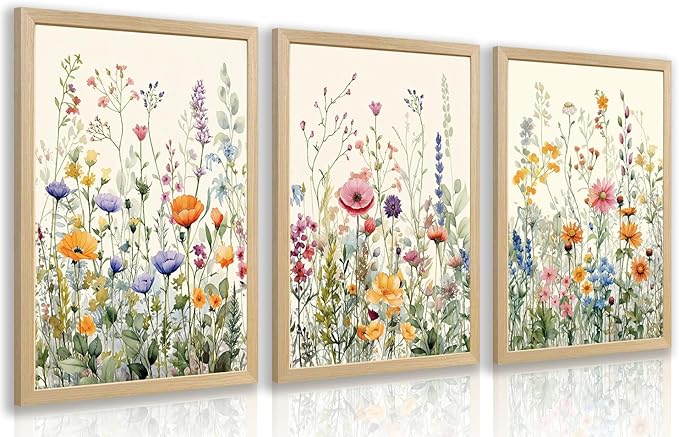 LLEEMPI Watercolor Floral Wall Art Set of 3, Colorful Wildflower Wall Decor by Unknown