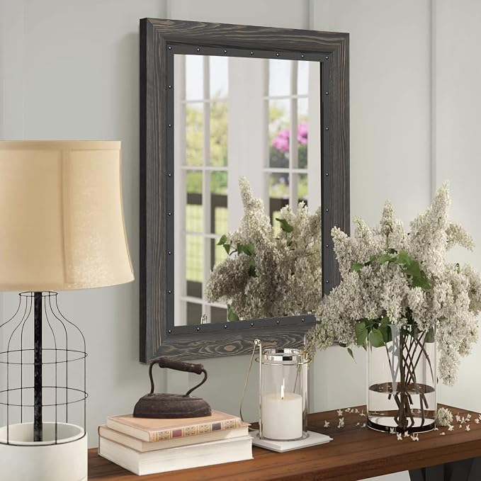 YOSHOOT Rustic Wooden Framed Wall Mirror, 40x30 Inch, Natural Wood and Iron - Image 6