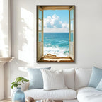 Framed Window Beach Scene Wall Art, Summer Seascape Wave Artworks - Image 2