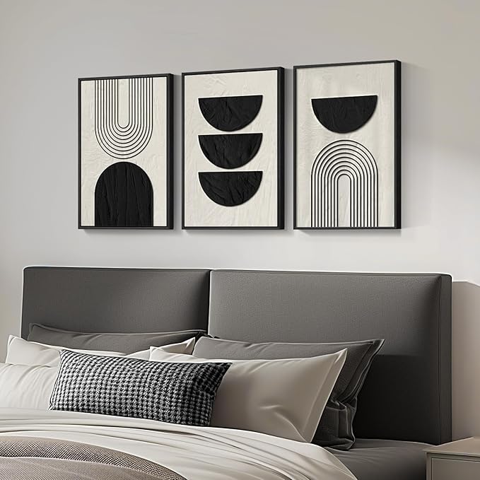 Framed Boho Black and White Abstract Wall Art, 3 Piece Modern Beige Canvas - Image 2