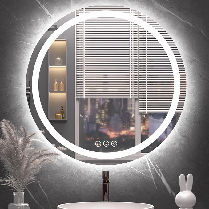 Round LED Bathroom Mirror with Lights, Backlit & Front Lighted, Wall-Mounted by Lmsedf