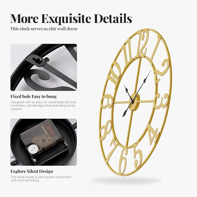 Large Wall Clock Gold Clocks for Living Room, 24 Inch Decorative Wall Clocks - Image 5