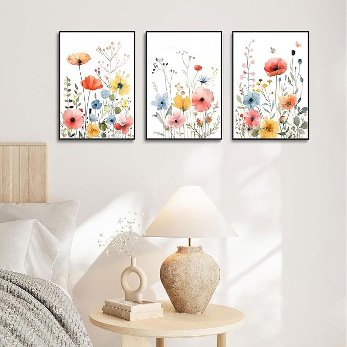 KISSFOX Framed Colorful Wildflower Canvas Wall Art Set Of 3 Flowers Pictures - Image 4