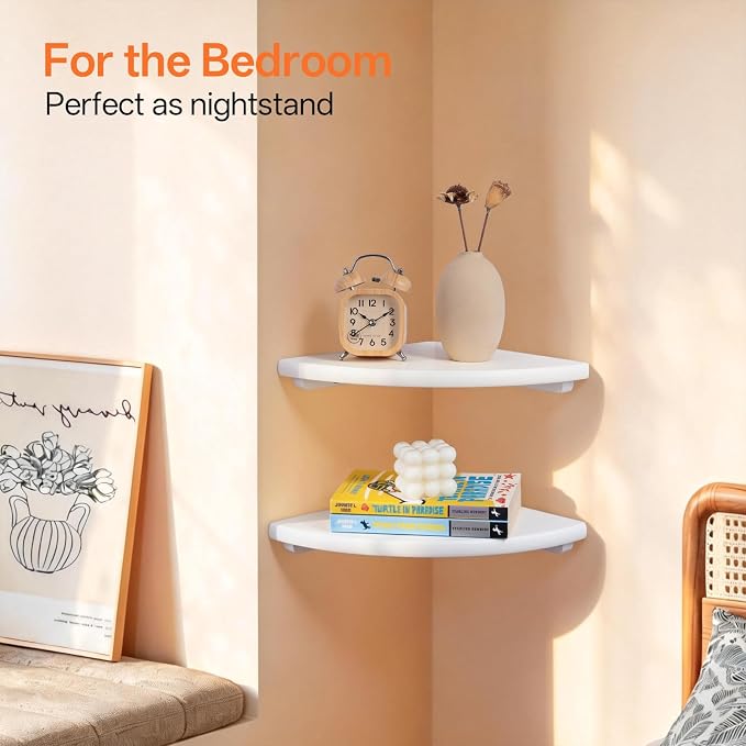 Gieanoo Floating Corner Shelves Set 2 16inch White Solid Oak Rounded Corner - Image 5