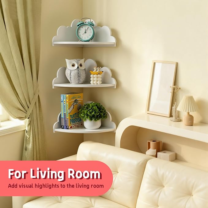 Cloud Corner Floating Shelves，Set of 3 White Corner Wall Shelf Floating Wooden - Image 7