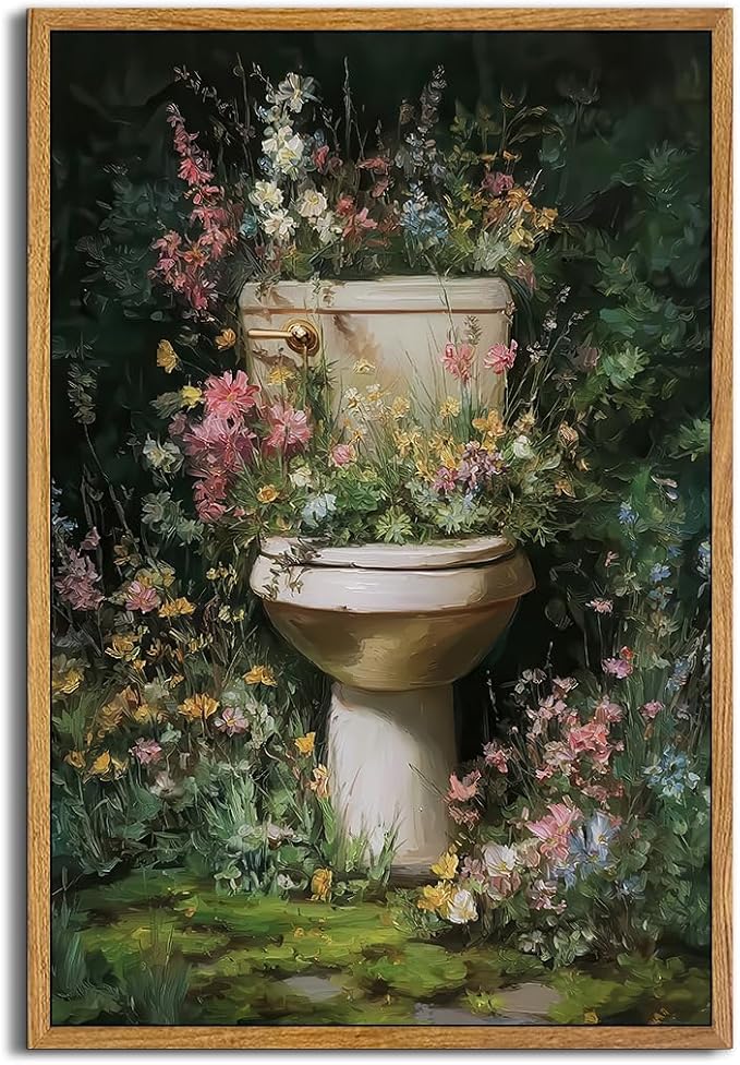 AtterrirArt Framed Funny Bathroom Decor Wall Art, 16 * 24inch, Vintage Toilet by AtterrirArt