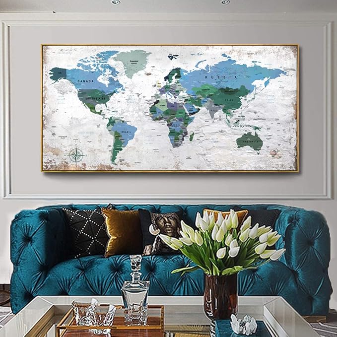 Framed Wall Art World Map Wall Art Canvas Picture 30inchx60inch Large Blue Map - Image 2