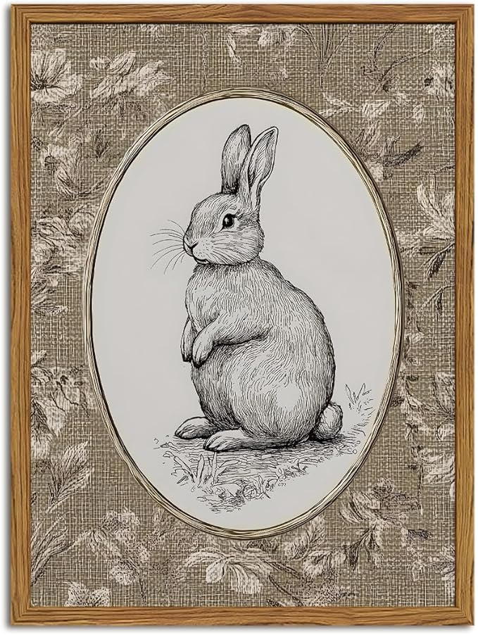 Framed Vintage Rabbit Wall Art, Cute Easter Bunny Pictures Wall Decor, Rustic by Unknown