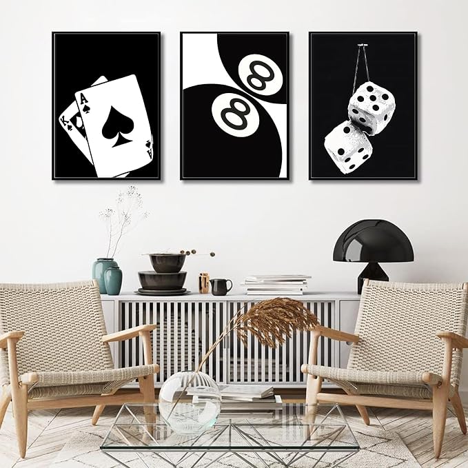 3Pcs Black and White Poker Dice Canvas Wall Art Lucky You Poster Prints Trendy - Image 3