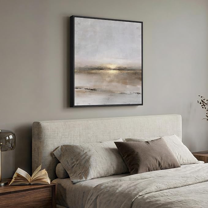 Framed Neutral Abstract Landscape Wall Art, Modern Gray Black Gold Canvas - Image 2