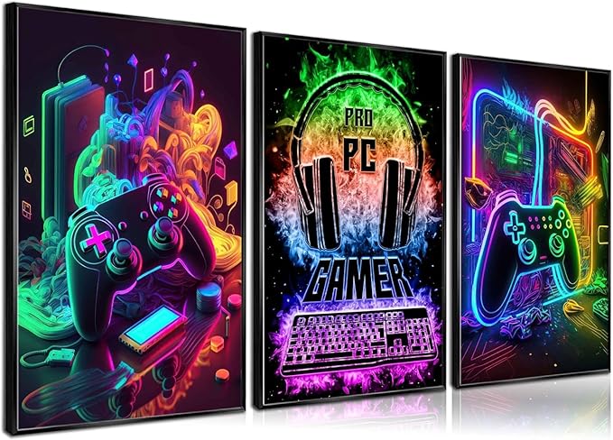 PPV 3Pcs Cool Gaming Wall Art Retro Video Gamer watercolor Posters Pictures by PPV