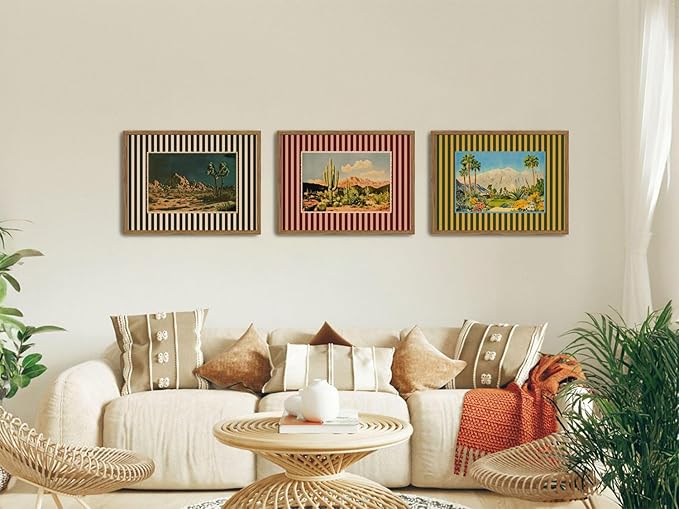 Framed Vintage Western Landscape Wall Art Set of 3, Striped Postcards Southwest - Image 2