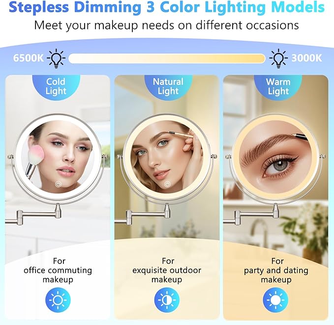 ALHAKIN 9" Wall Mounted Lighted Makeup Mirror, Rechargeable 1X/15X Magnifying - Image 2