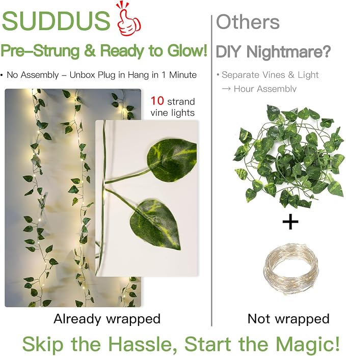 suddus 200 LED Vine with Light Plug in, 6.5ft x 6.5ft Pothos Fairy Curtain - Image 4