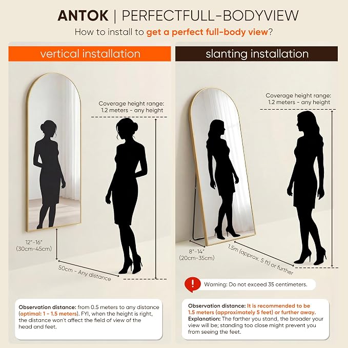 Antok 56" x15” Arched Full Length Floor Mirror, Free Standing/Wall Mount/Leaning - Image 8