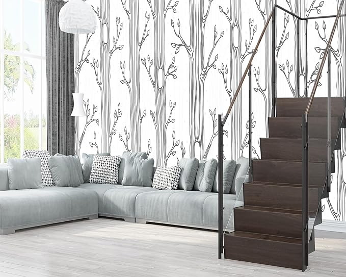 XMPMBM-Hand-Painted Cartoon Grey Tree Fabric Wallpaper Nursery Room Kids - Image 3