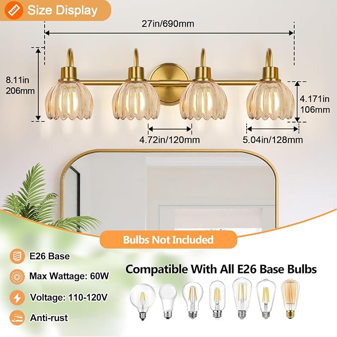 4-Light Bathroom Light Fixtures, Vintage Bathroom Vanity Lighting Fixtures Over - Image 8