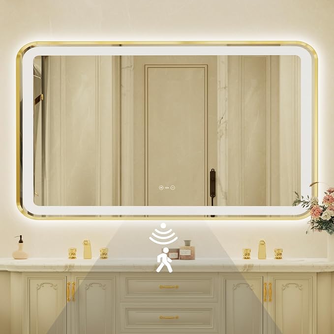 32x55 Inch Gold Framed LED Bathroom Mirror by Unknown