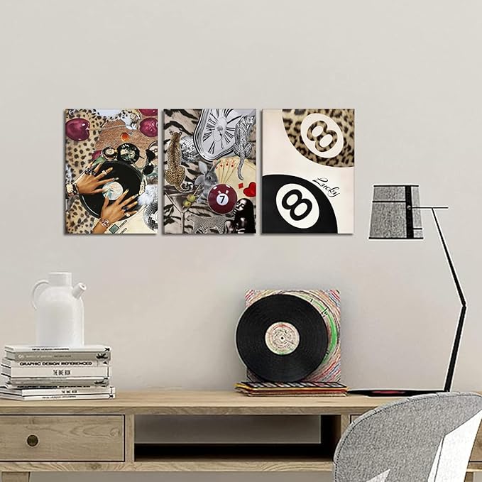 Fashion Cheetah Wall Art Set of 3 Leopard Wall Decor Pictures Lucky 8 Ball - Image 3