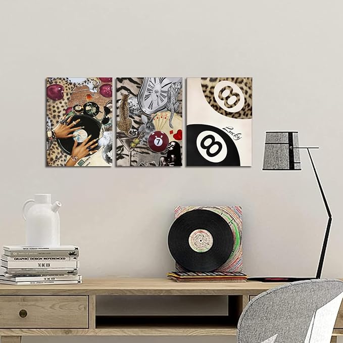 Fashion Cheetah Wall Art Set of 3 Leopard Wall Decor Pictures Lucky 8 Ball - Image 2