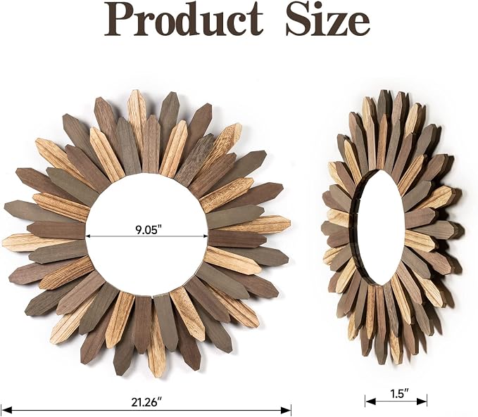 Honiway Boho Wall Decor 21 inch Wall Mirror Rustic Wood Decorative Mirror - Image 6