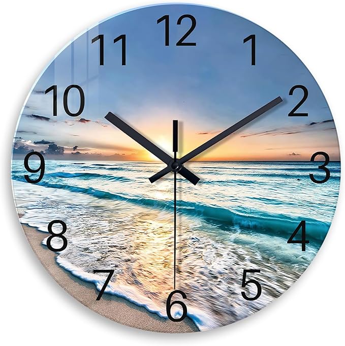 Blue Beach Wall Clock for Bedroom Glass Wall Clocks Battery Operated 12 Inch by Constantplanet%E6%97%97%E8%88%B0%E5%BA%97