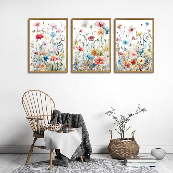 KISSFOX Framed Colorful Wildflower Canvas Wall Art Set Of 3 Flowers Pictures - Image 5