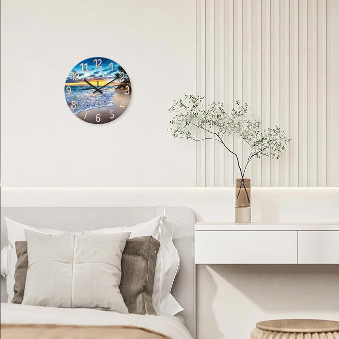 Palm Tree Clocks Battery Operated 12 Inch Glass Blue Wall Clock Non Ticking - Image 2