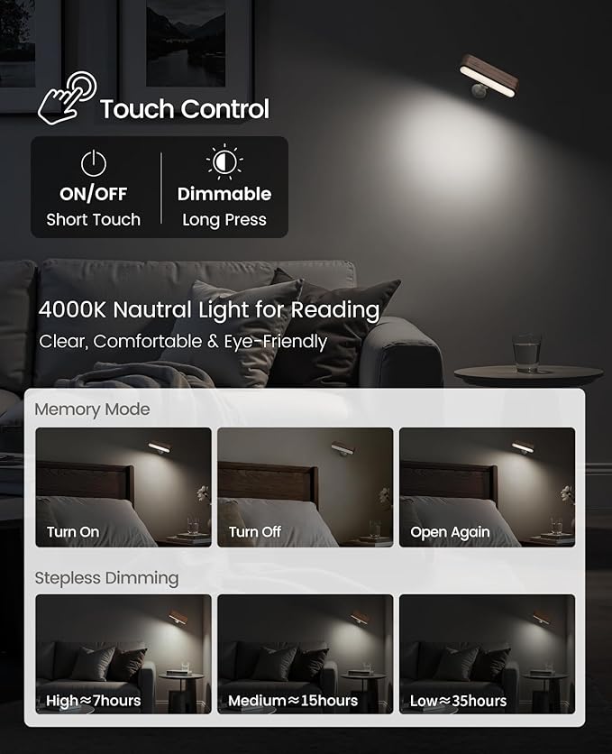 Wood LED Wall Sconce Magnetic 360°Rotate Mounted Mini Lamp Brightness - Image 2