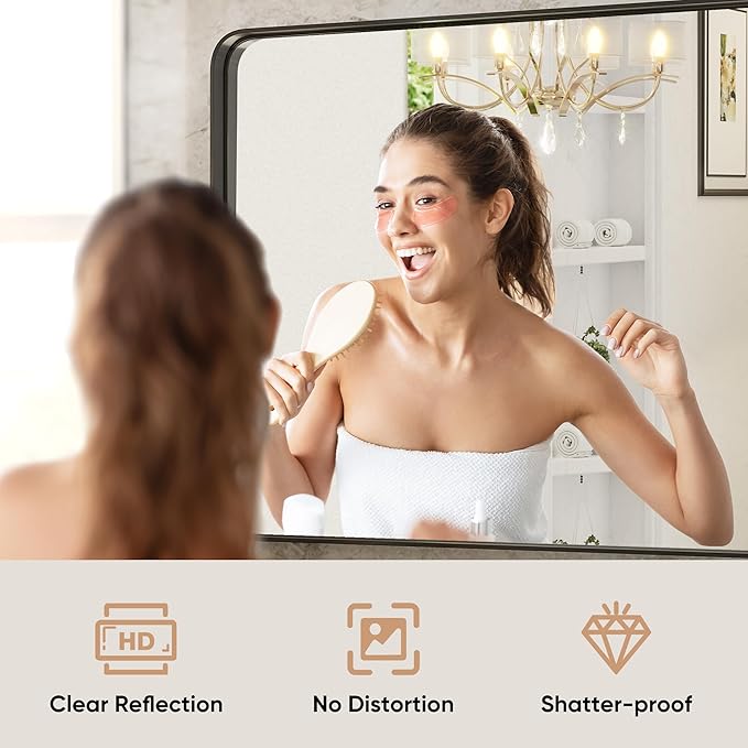 DUMOS Black Metal Framed Vanity Rounded Rectangle Bathroom Mirrors - Image 2